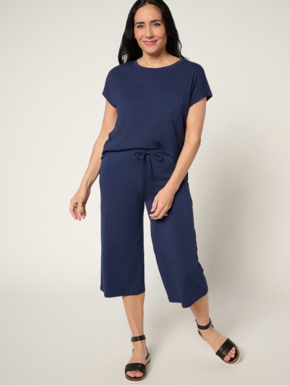 AnyBody Tall Cozy Knit Top and Wide Leg Capri Set Size XST Navy